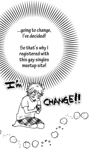 Manga panel showing Hiriki gripping his cell phone tightly out of anxiety. Text reading 'I'm change!' figures prominently in the background.